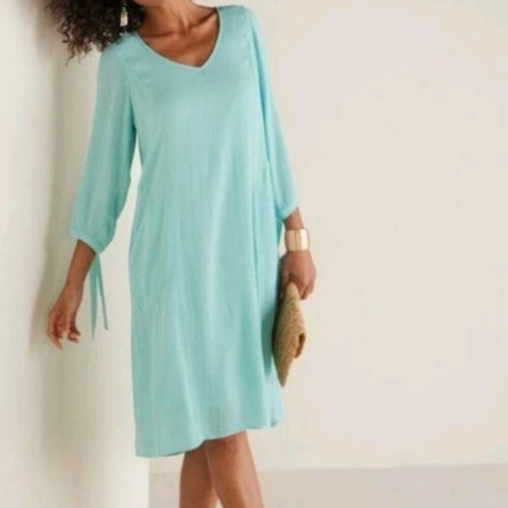NWT Soft Surroundings Hera 3/4 Split Sleeve Dress Aqua Splash Coastal ResortWear